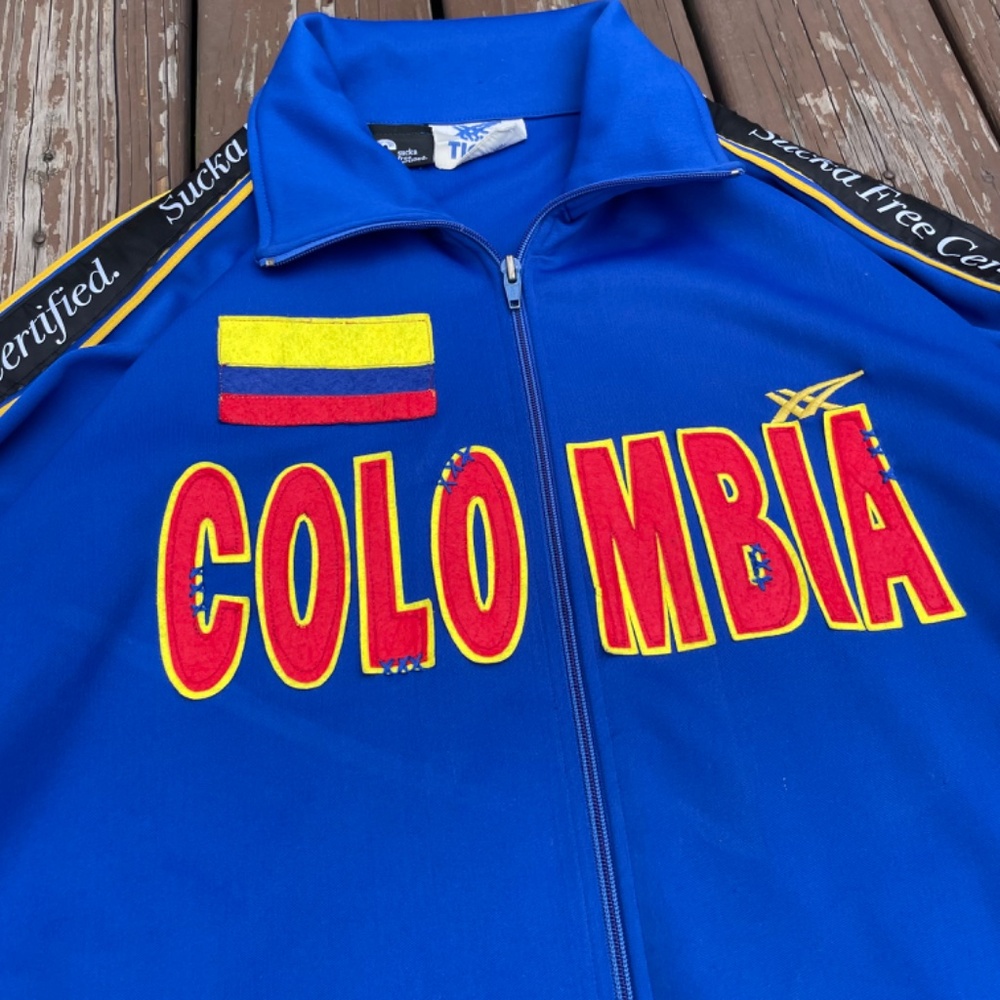 Vintage Upcycled Asics Tiger Colombia 'SuckaFreeCertified' Track Jacket - Picture 2 of 9